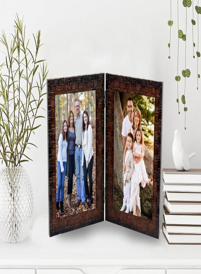 KDM HOME DECOR إطار صور قابل للطي من KDM HOME DECOR، مقاس A5 (6x8 بوصة)، مصنوع من الخشب الصناعي المرن والزجاج (أكريليك)، مع حامل طاولة قابل للطي (يتسع لصورتين مقاس 6x8 بوصة)، بنمط صندوقي ولون بني ذهبي. - Image 1